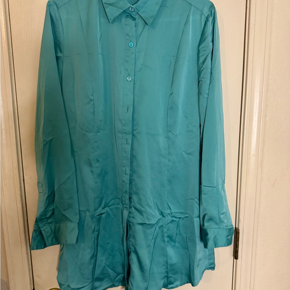 Tracy M Aqua Sea Blue Turquoise Long Sleeve Button Down Shirt